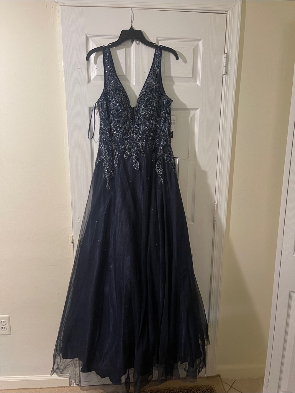 Xscape Navy Beaded V-Neck Tulle Prom Gown